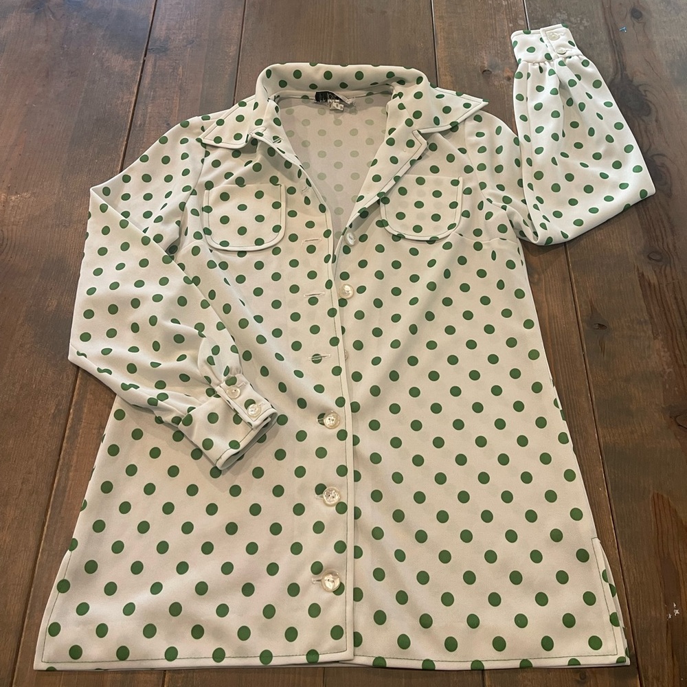 Vintage Pedestal Originals Women’s Long Sleeve Green Polka Dot Blouse Button SML